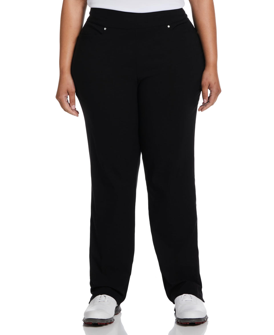 PGA TOUR women's tummy-control pull-on golf pants in caviar black, front view, smooth silhouette.