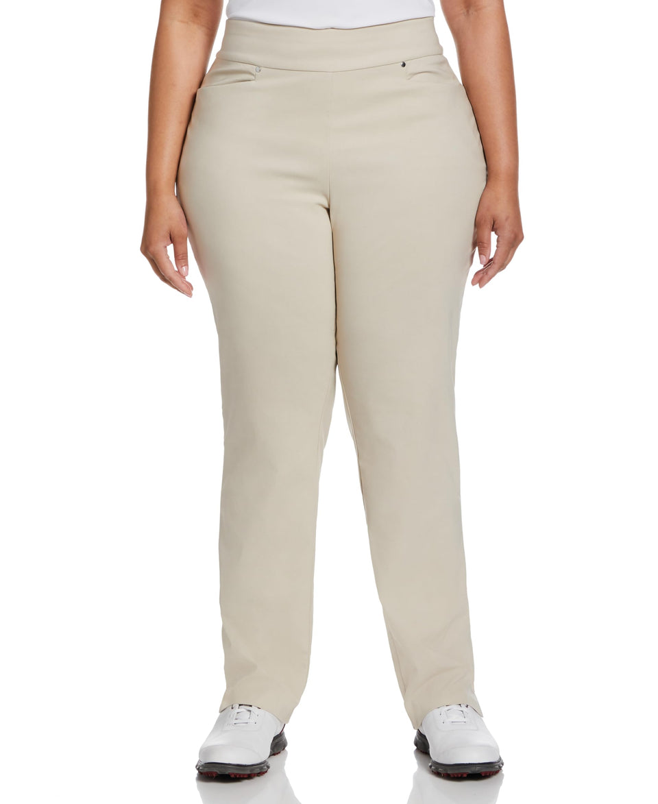 PGA TOUR women's tummy-control pull-on golf pants sand, front view, smooth silhouette and all-day comfort