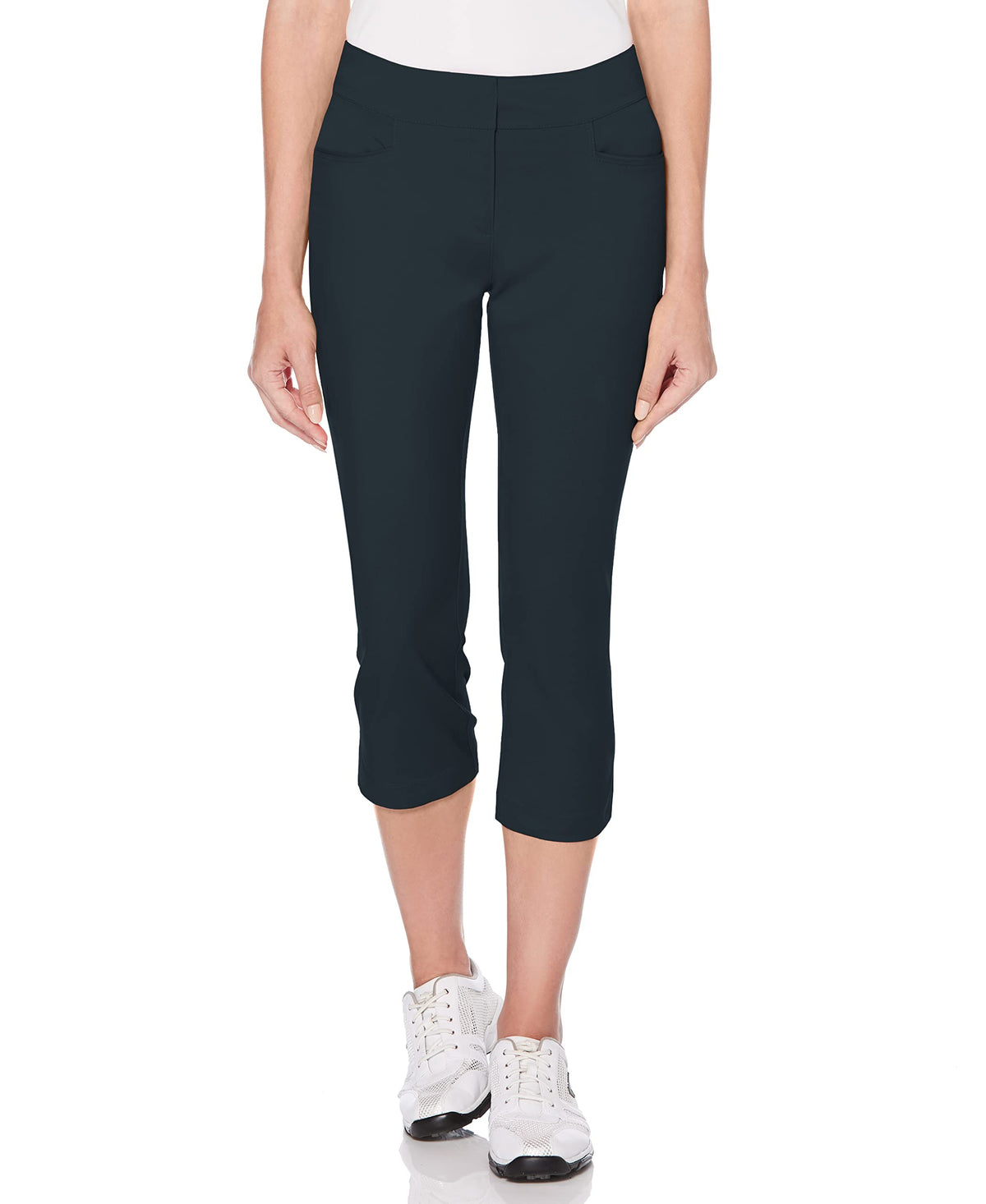 PGA TOUR Women's Woven Capri Pant front view in Black Iris with moisture-wicking comfort