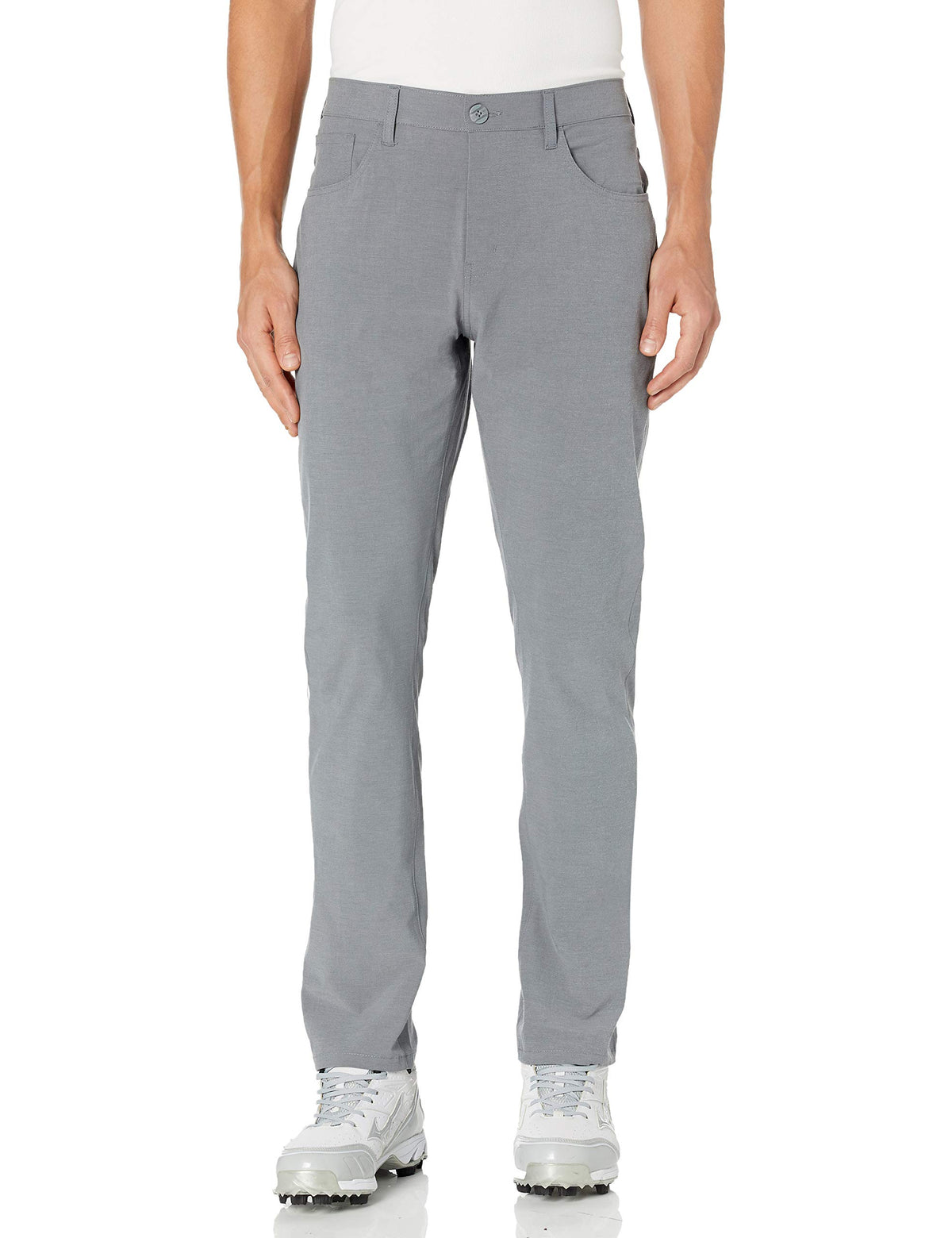 PGA TOUR men's flat-front golf pant front view with flexible waistband for ease of movement.