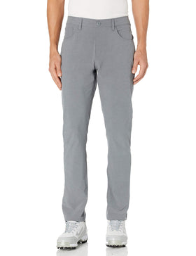 PGA TOUR men's flat-front pant in dark grey heather, front view shows flexible waistband