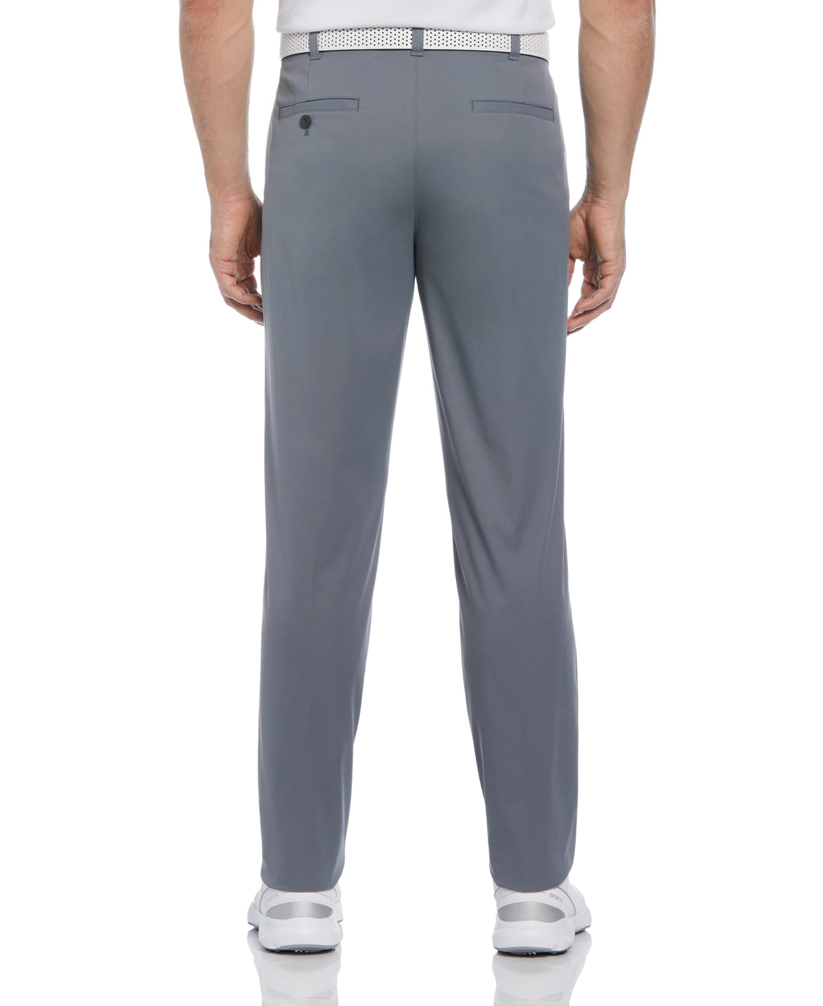 PGATOUR men's flat front pant Quiet Shade, side view highlighting flexible waistband and mobility.