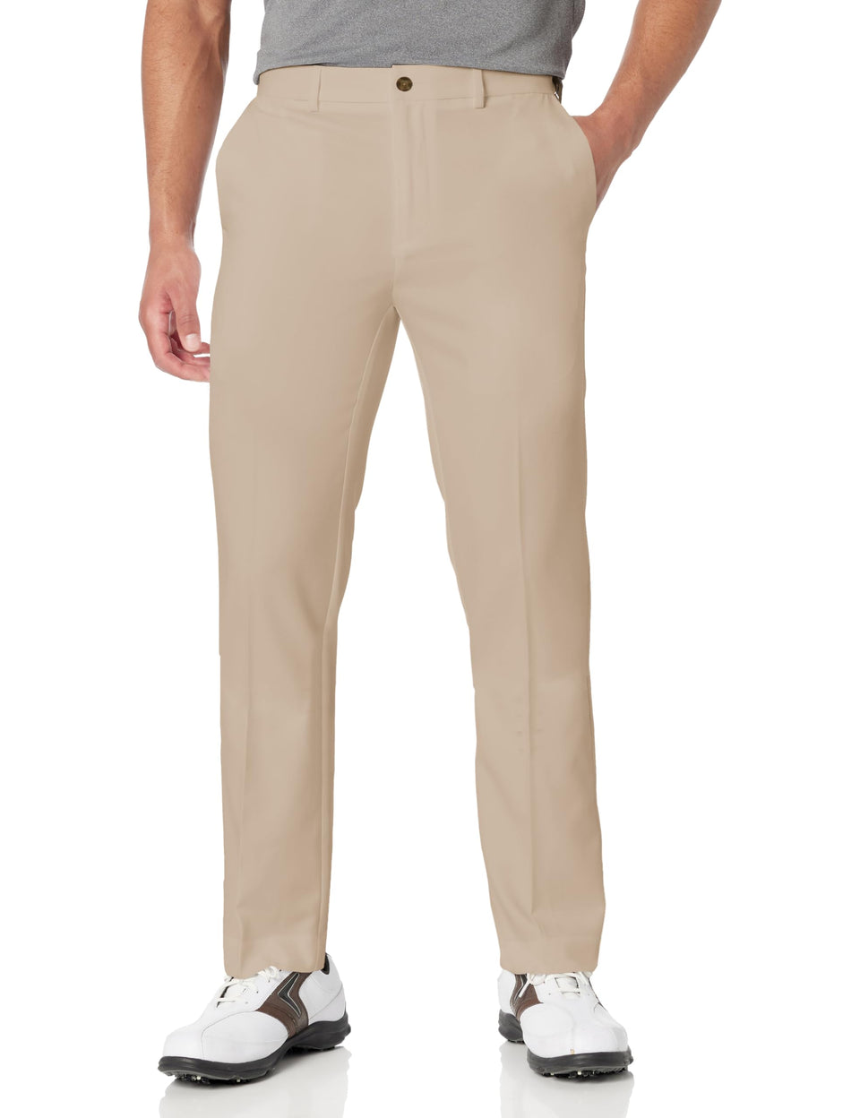 PGA TOUR men's flat-front golf pants with expandable waistband, front view for flexible fit.