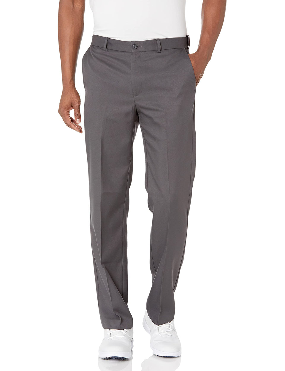 PGA TOUR men's flat-front pants in asphalt, front view, versatile for on and off the course.