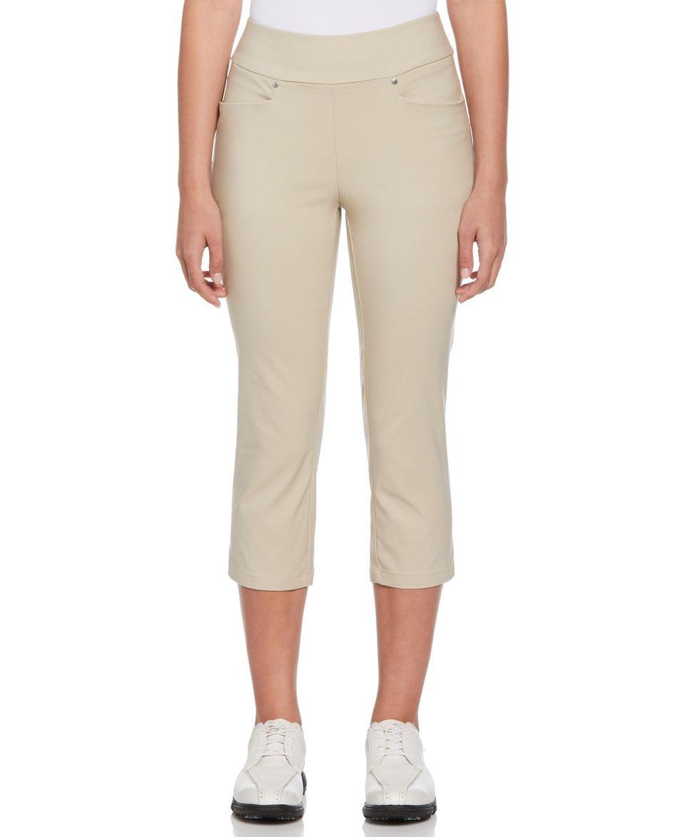 PGA TOUR women's 22-inch pull-on capri pants showing the pull-on waistband for easy dressing and freedom of movement