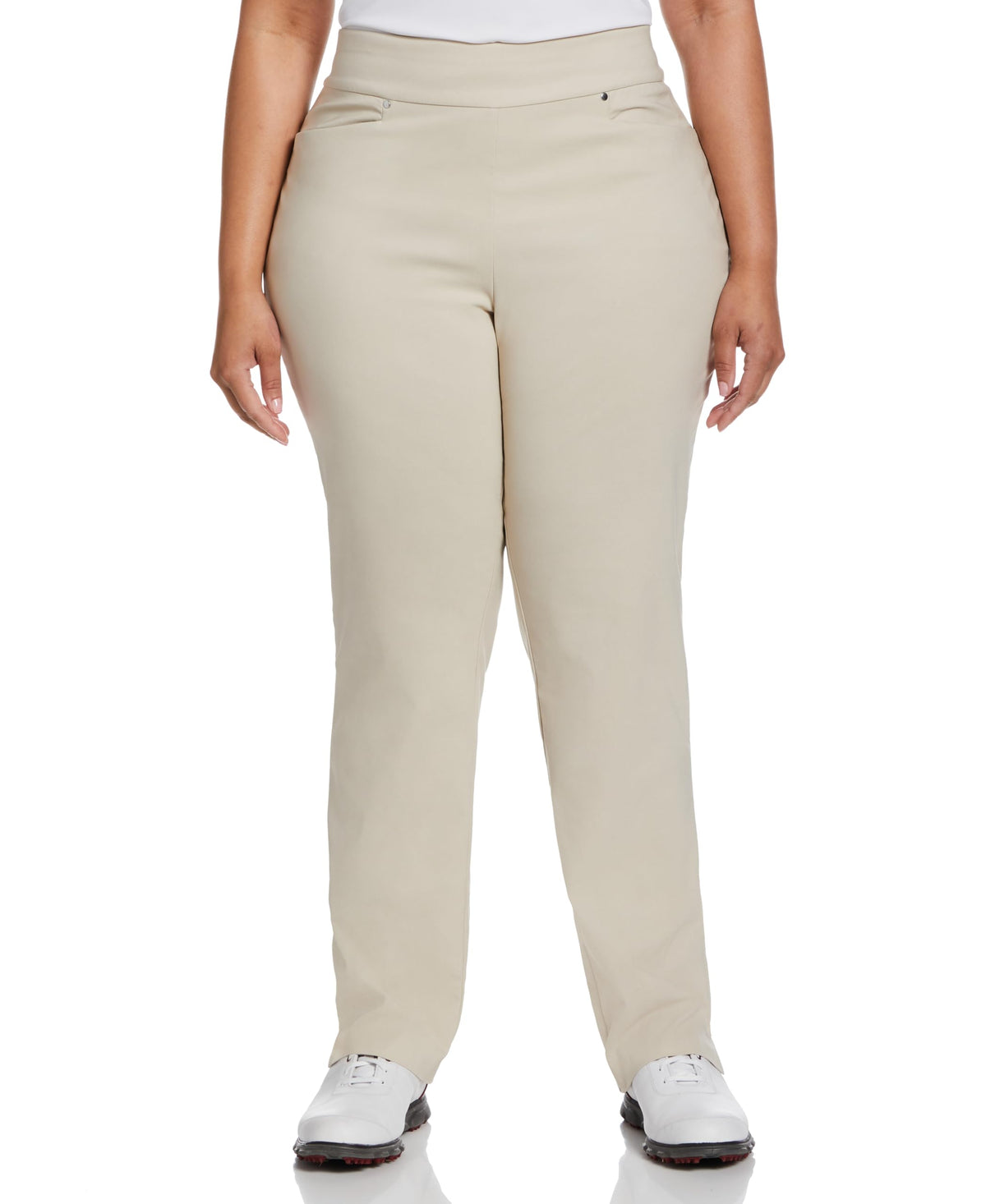 PGA TOUR women's tummy-control pull-on pants in sand, front view showing smooth silhouette for all-day comfort