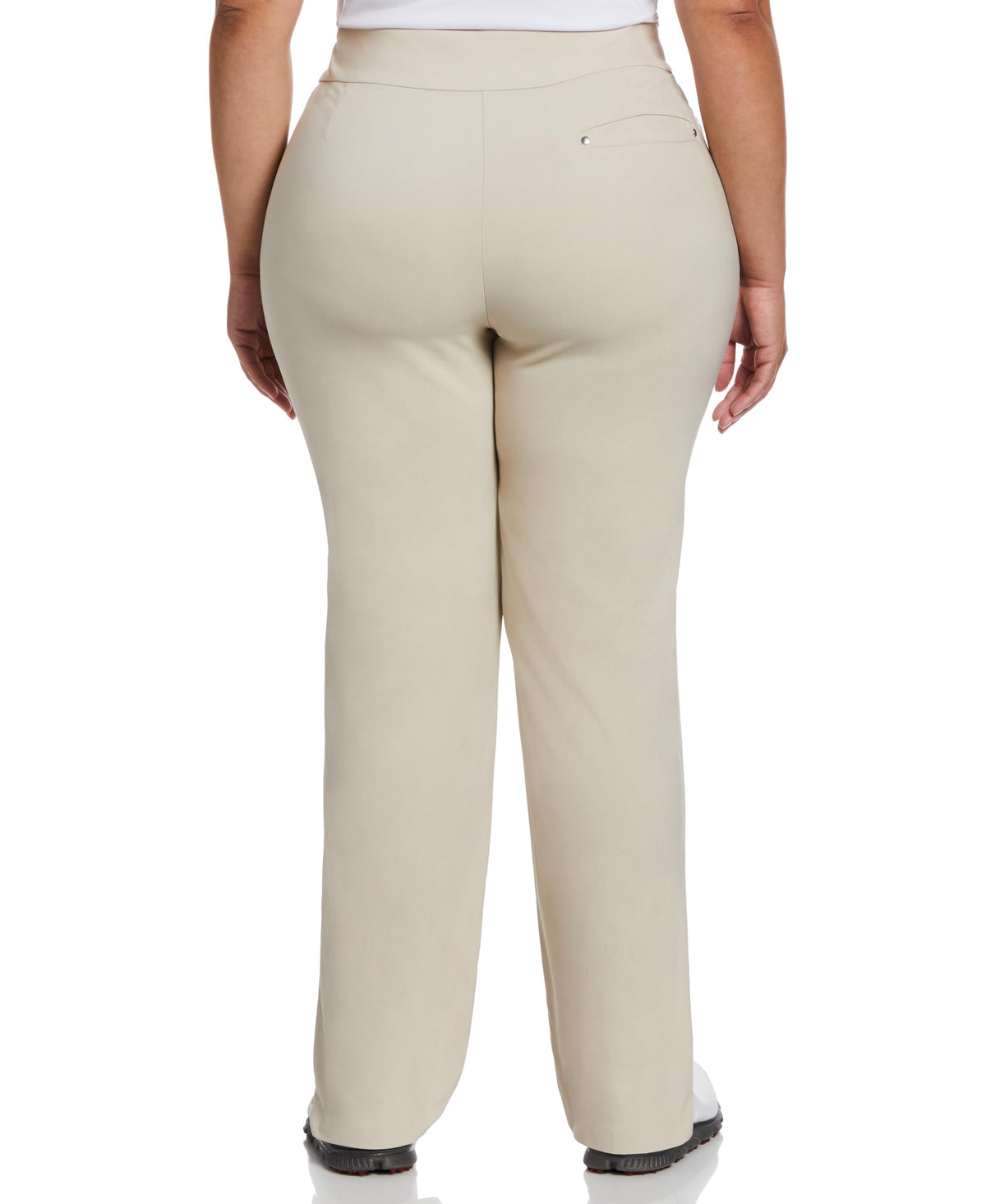 PGA TOUR pants in sand, waistband detail and pockets highlighting easy pull-on fit for golf or daily wear