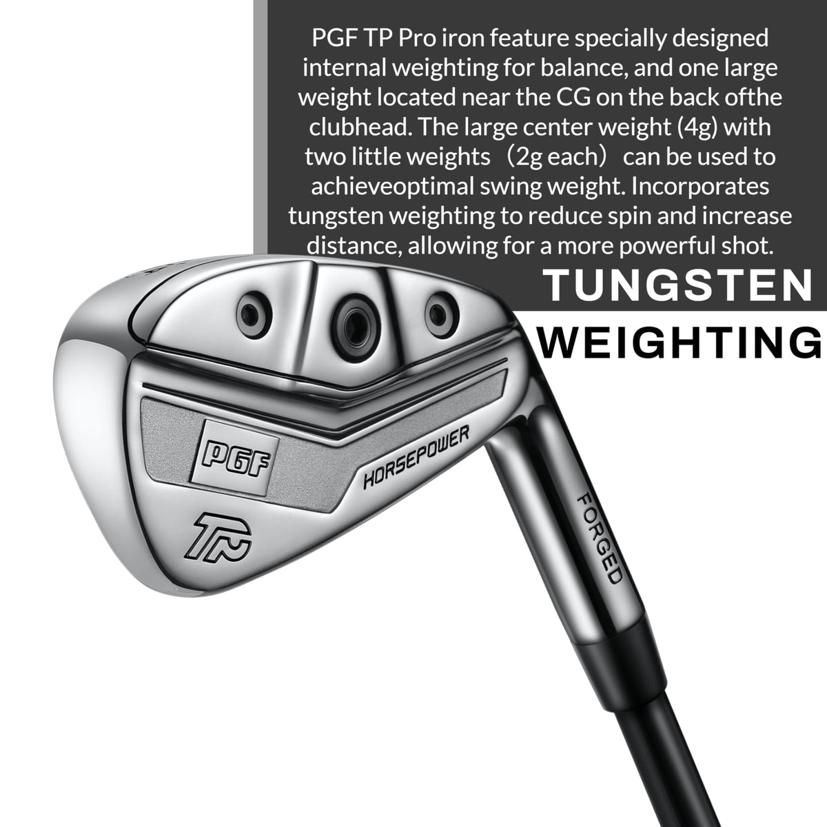 PGF Gold TP driving iron at address demonstrates a forgiving large face for off-center hits