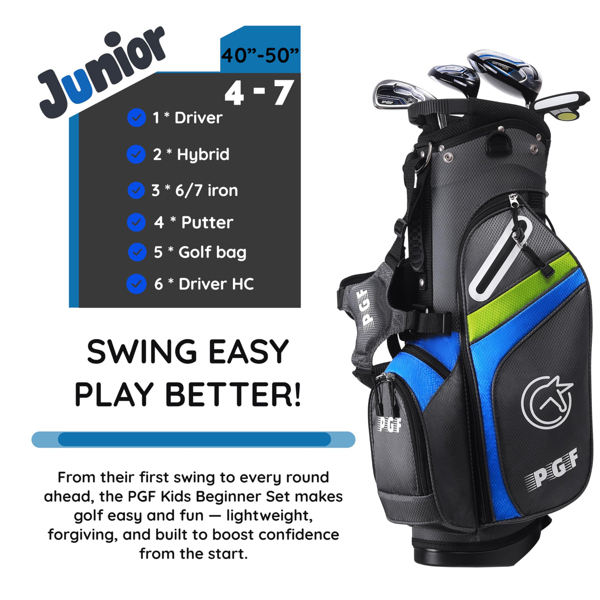 PGF Gold TP JR lightweight shafts promote smooth swing for young players.