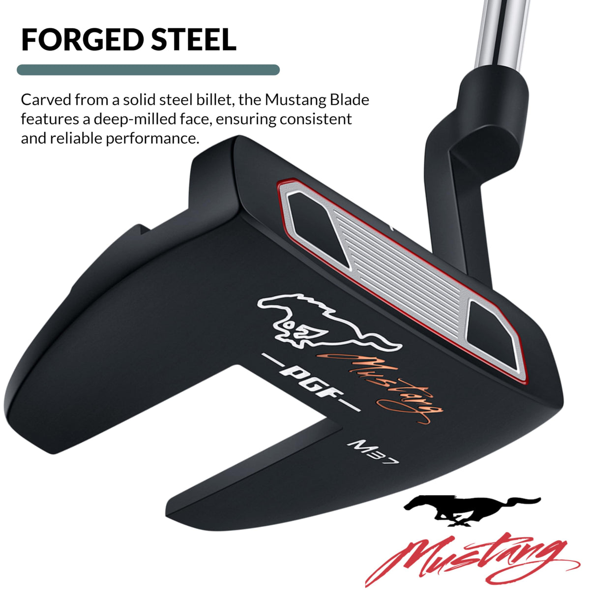 PGF Mustang M37 mallet head close-up highlights micro-groove face for smoother contact.