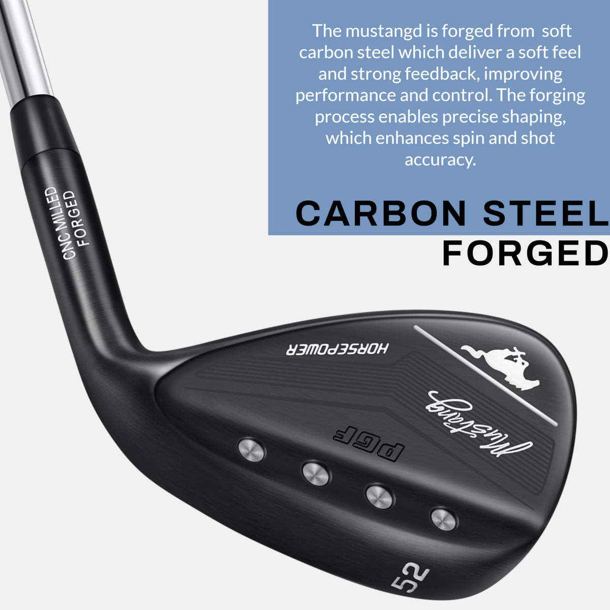 PGF Mustang black finish wedge profile with sleek, tournament-ready look.
