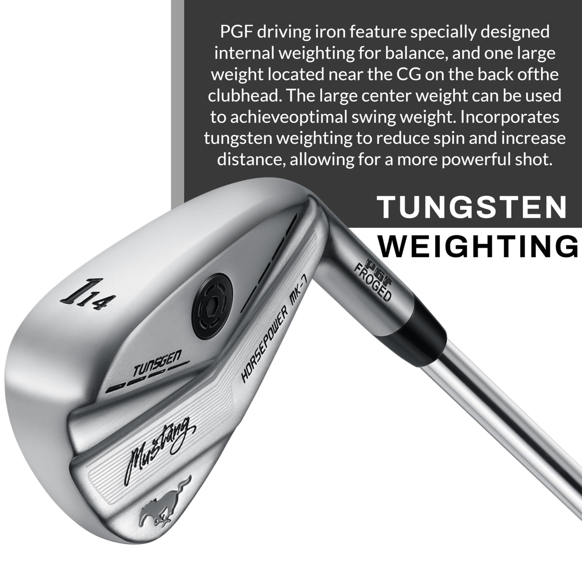 PGF Mustang Horsepower Pro driving iron ultra-thin face close-up enhances distance across the face