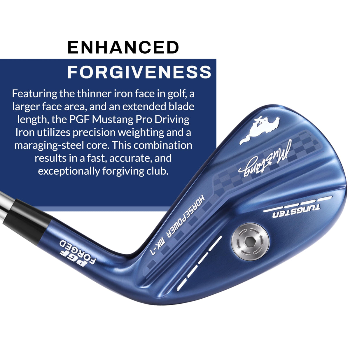 PGF Mustang Horsepower Pro driving iron in use demonstrating comfortable setup and trajectory options