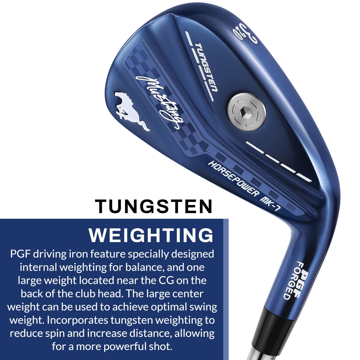 PGF Mustang Horsepower Pro driving iron sole view highlighting versatility on fairways