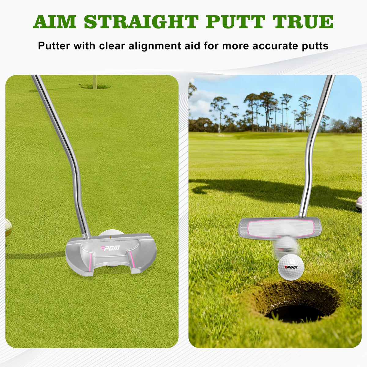 PGM 33-inch putter with ball retrieval saves time after each putt.