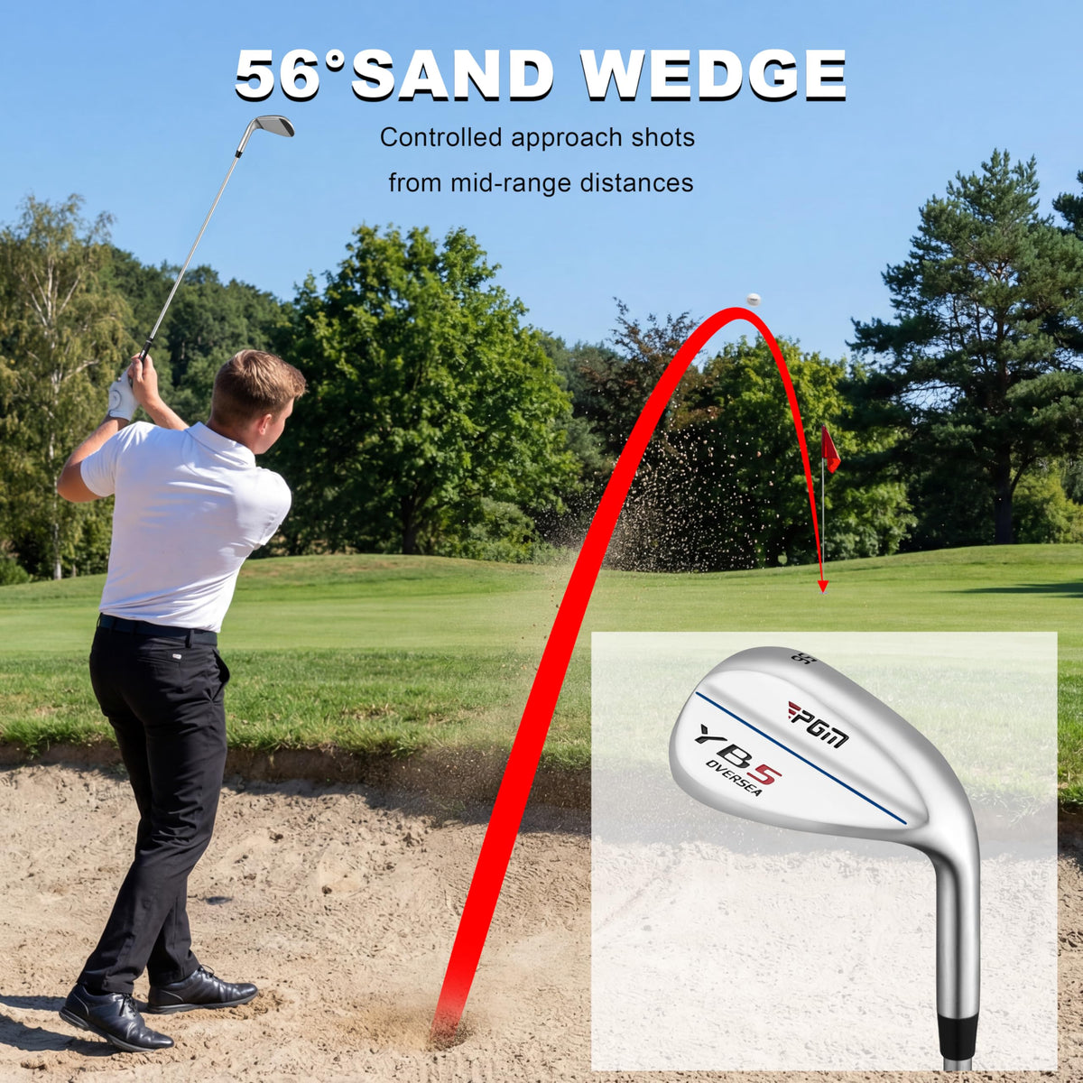 PGM 56° wedge bunker-shot view demonstrating stability and forgiveness