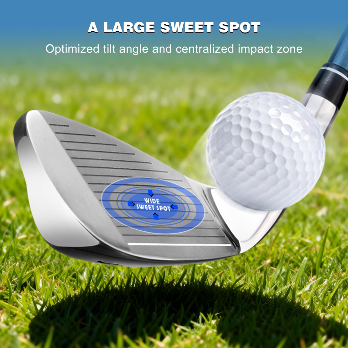 PGM 7 Iron cavity-back head shown for consistent contact.