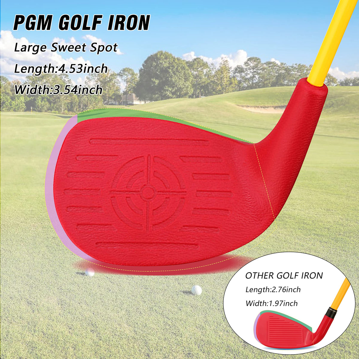 PGM children's golf club iron showcases wide hitting area for improved confidence during practice.