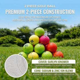 PGM Distance green glossy ball stands out against rough and fairways