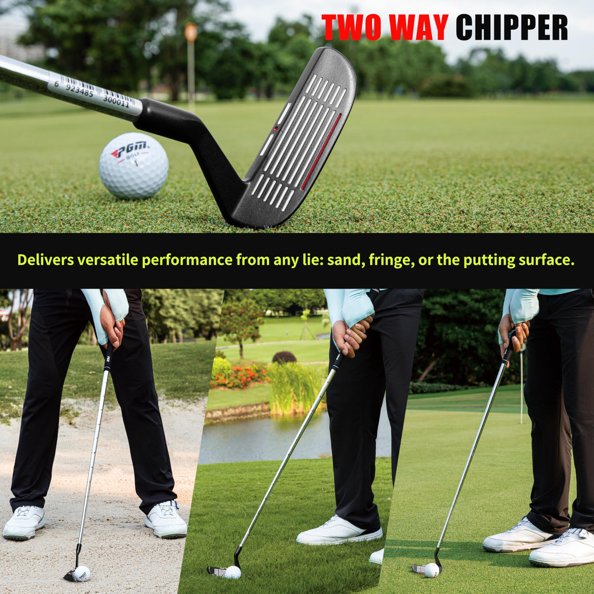 PGM chipper 36° loft gliding through tough lies for smoother contact.