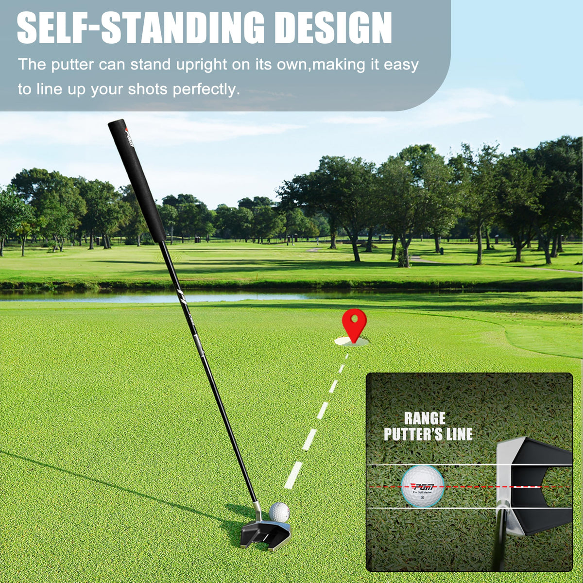 PGM Golf Standing Putter alignment aid demonstrates precise aiming.