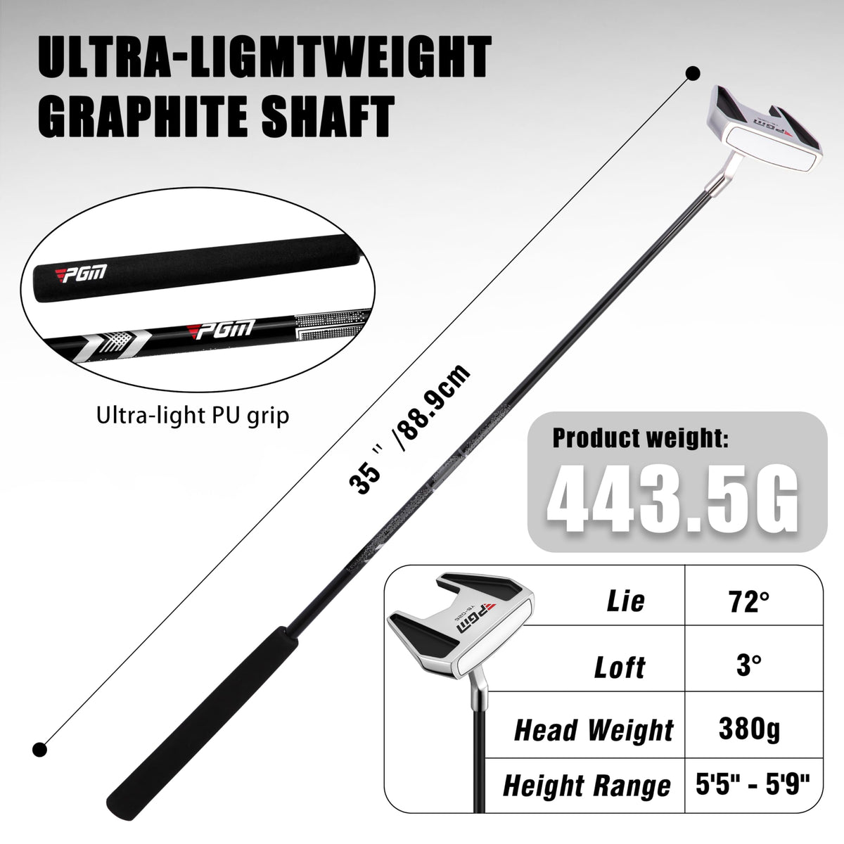 PGM Golf Standing Putter white alignment line aids easy line-up.