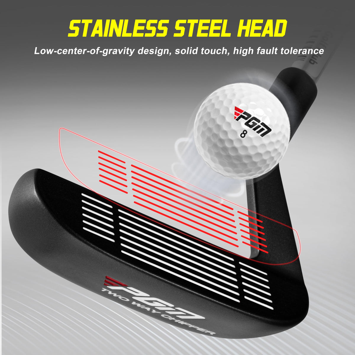 PGM Golf Two-Way Chipper head highlights durable construction for reliable contact.