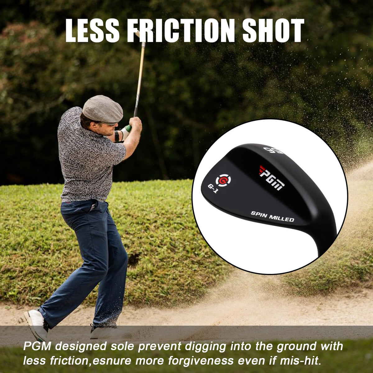 PGM wedge milled face close-up delivers enhanced spin and stopping power on approach shots.