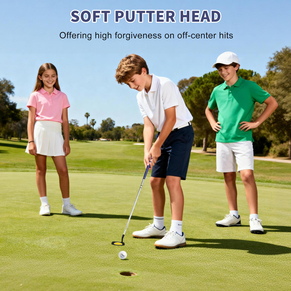 PGM junior mallet head aids smooth, forgiving ball roll
