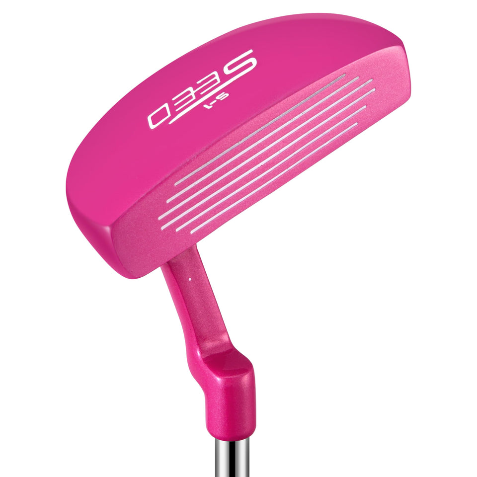 PGM Junior Youth Putter in rose pink for alignment aid and smoother ball roll during practice.