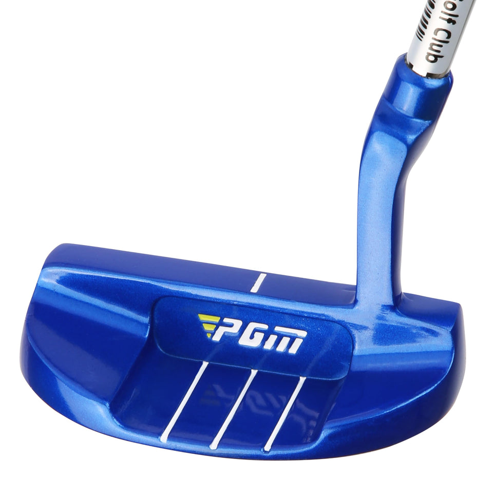 PGM Kids Junior left-handed putter with blue-green head viewed head-on for practice