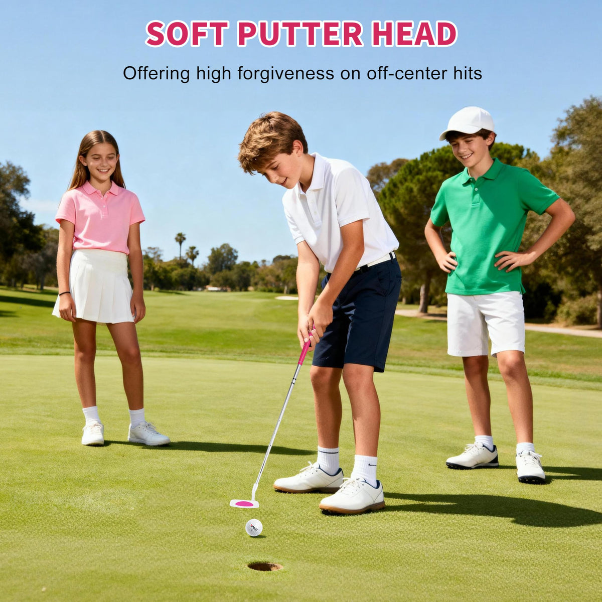 PGM Kids Putter forgiving head improves balance on off-center hits.