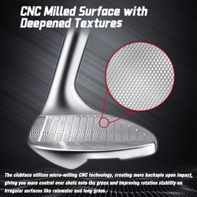 PGM wedge with sectional steel shaft promotes shot stability and direction.