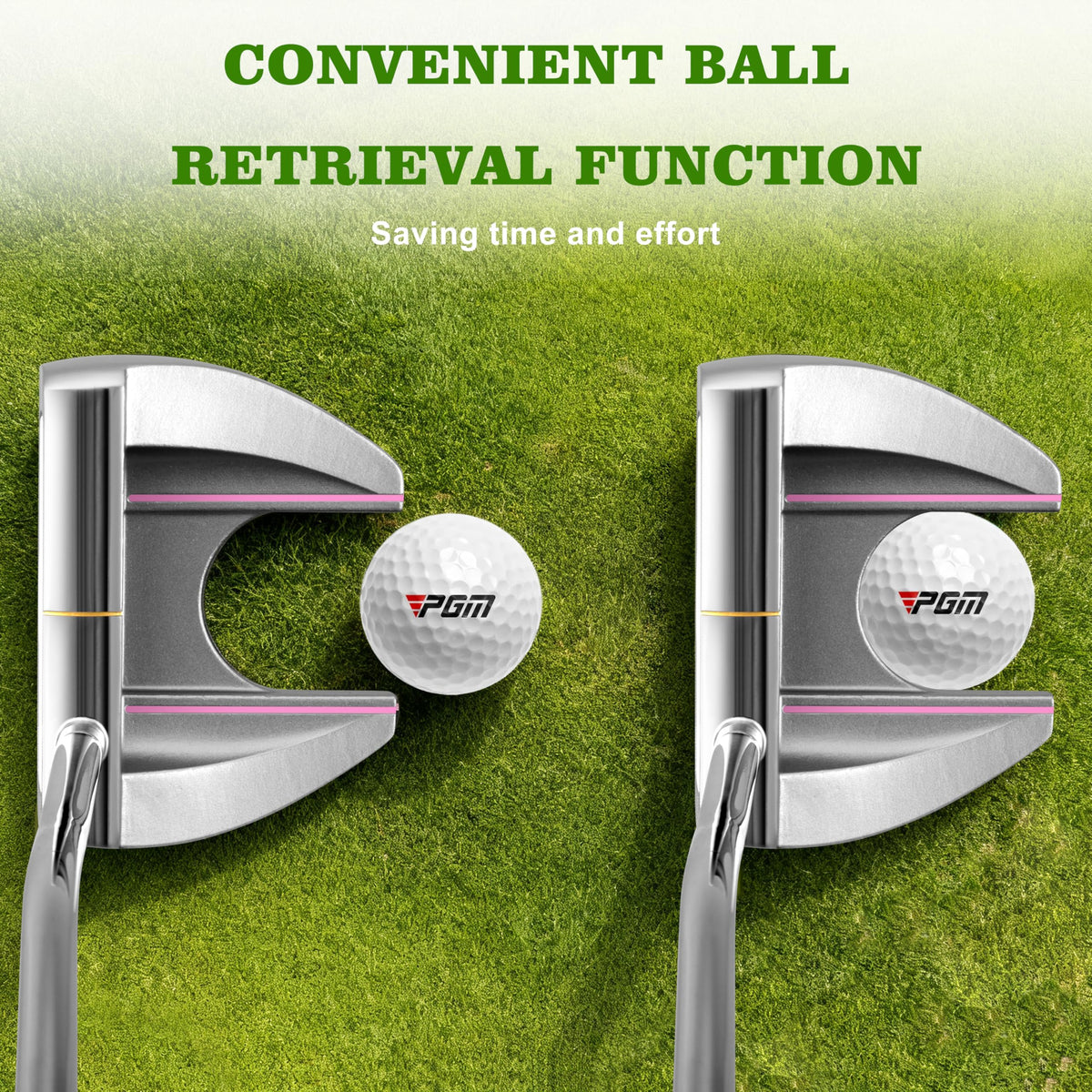 PGM putter with anti-slip grooves improves roll and consistency.
