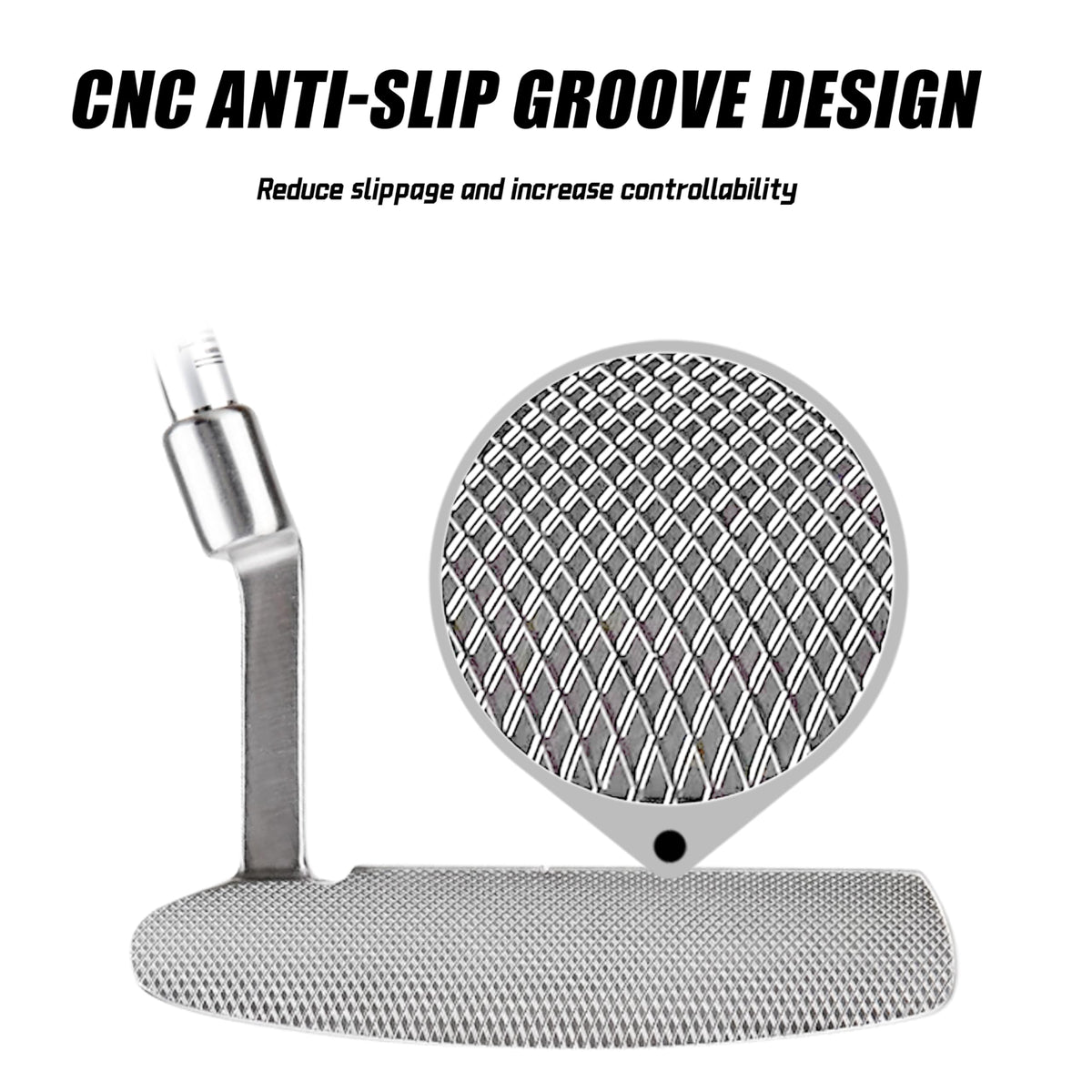 PGM putter face shows CNC grooves for reliable ball contact