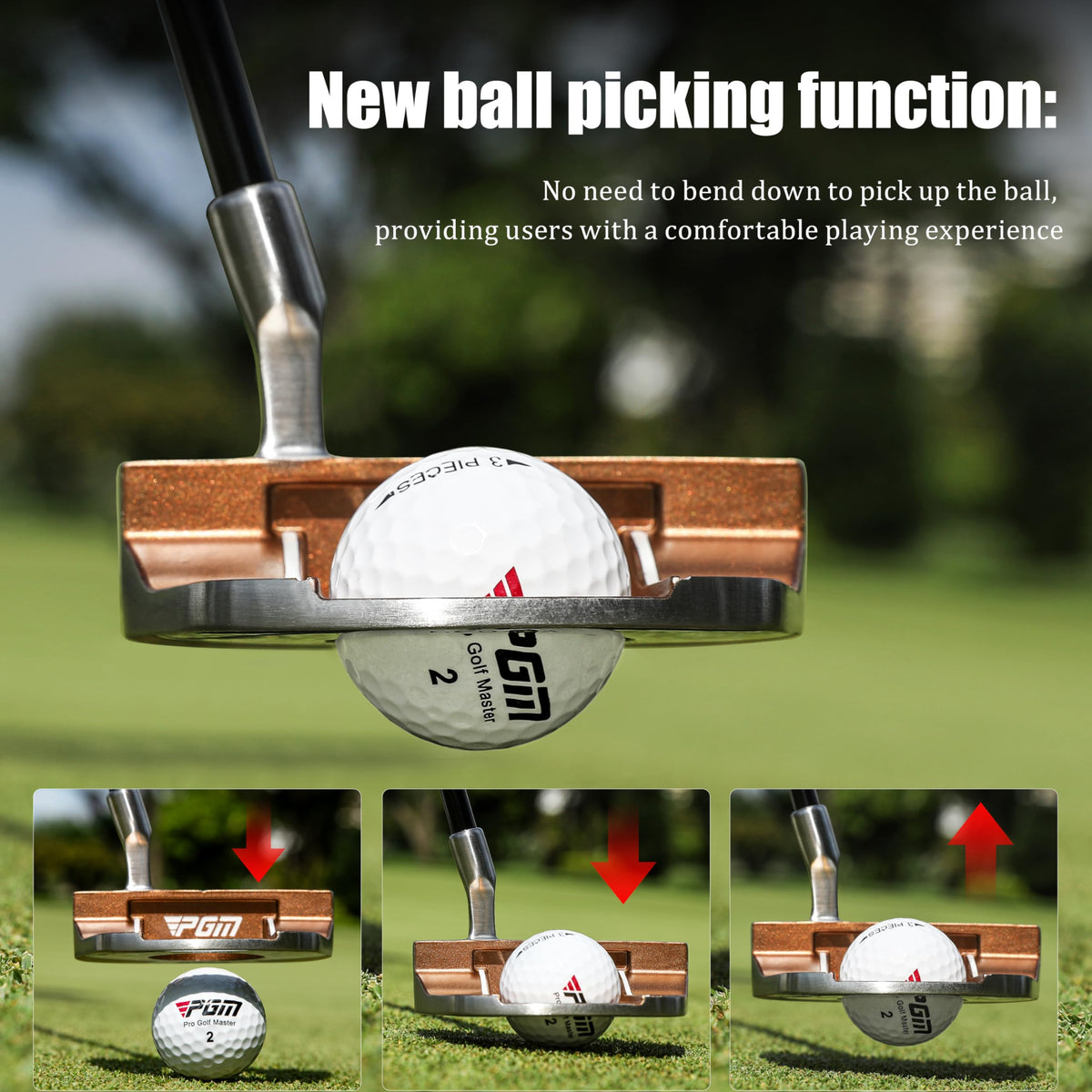 PGM standing putter side view shows ergonomic balance for smooth strokes