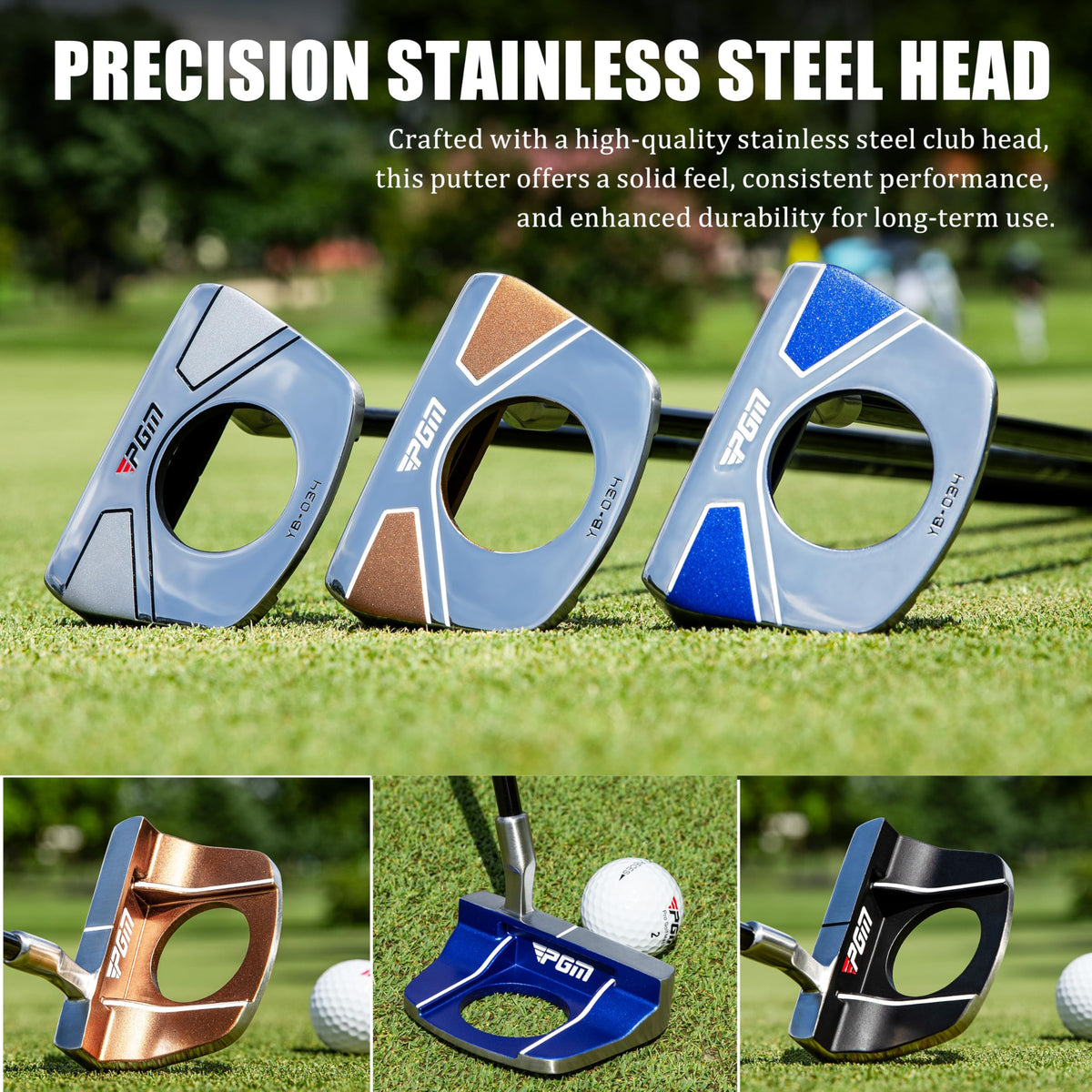 PGM standing putter stainless steel head close-up underlines durability and solid feedback