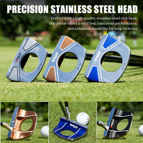 PGM standing putter stainless steel head close-up underlines durability and solid feedback