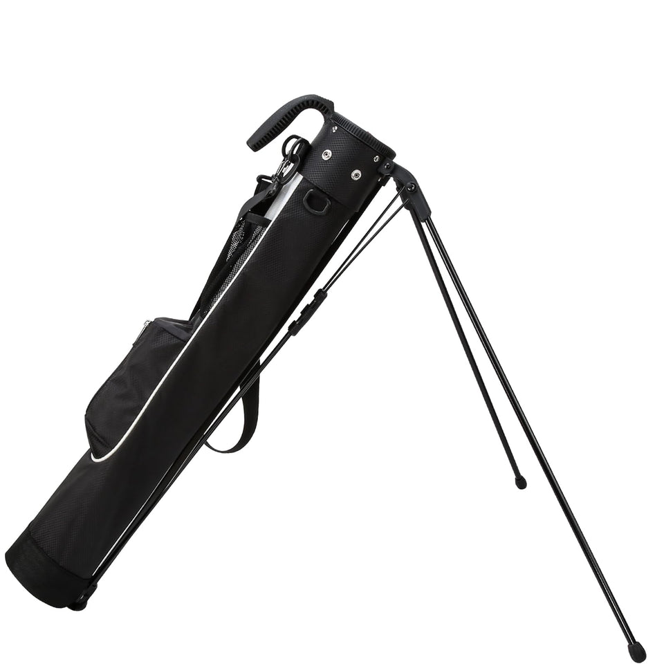 PGM Sunday golf bag with stand deployed on fairway for quick, stable club access