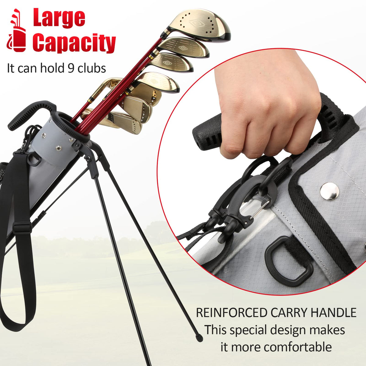 PGM Sunday Golf Bag waterproof fabric keeps clubs dry during showers.
