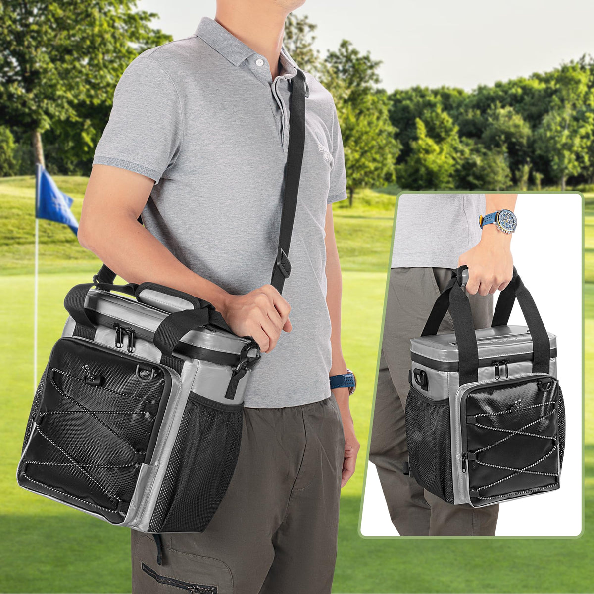 PGmoon back-strap attachment on cart enables quick setup on push carts