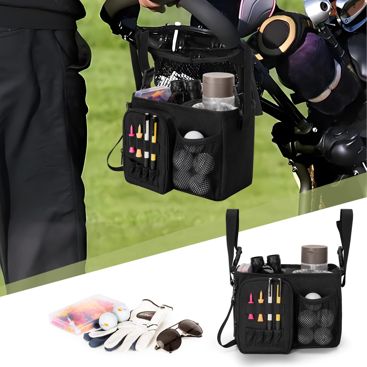 PGmoon durable nylon material offers tear resistance for on-course use.
