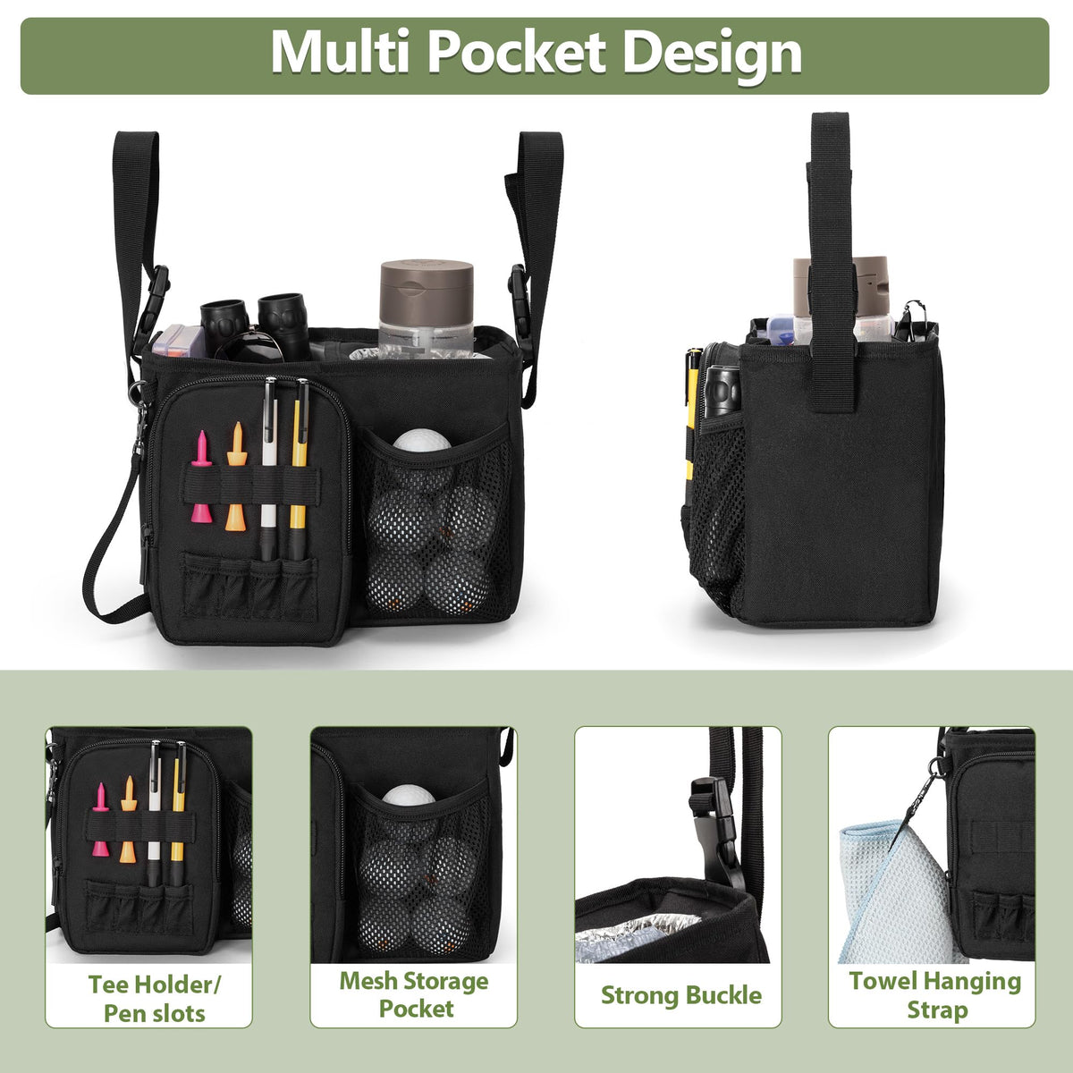 PGmoon front pocket with tees and phone slots keeps essentials within reach.