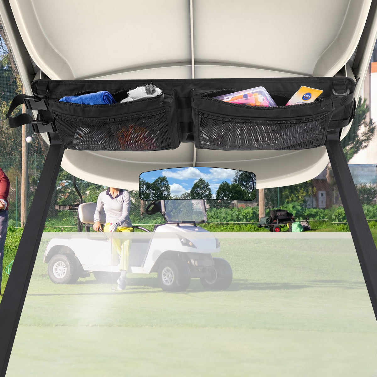PGmoon mounted overhead storage in a golf cart cockpit, keeping essentials at reach