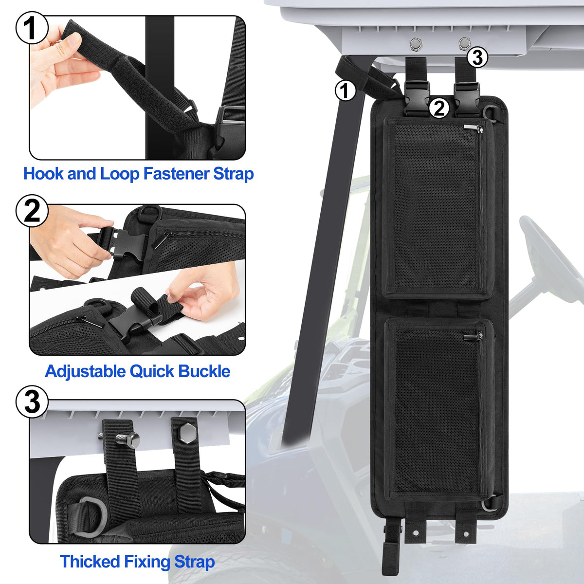 PGmoon straps adjustment close-up showing buckle system for different golf cart models