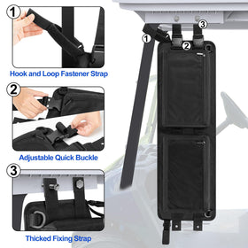 PGmoon straps adjustment close-up showing buckle system for different golf cart models