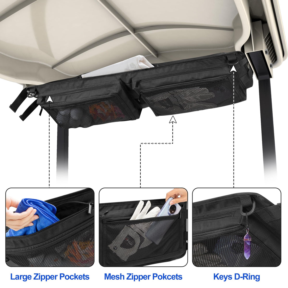 PGmoon zip pockets close-up demonstrates organized space for gloves, sunglasses, and phones