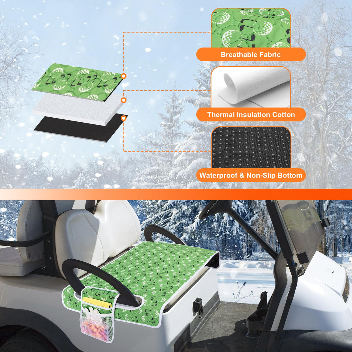PGmoon golf cart seat blanket showing four side pockets for sunglasses and balls.