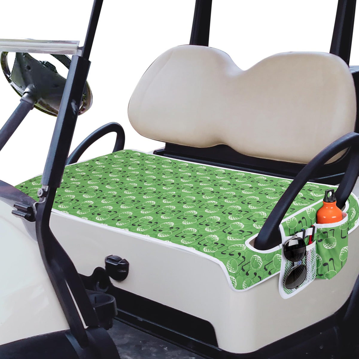 PGmoon golf cart seat cover front view with four pockets for easy organization.