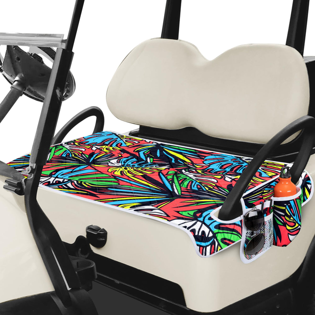 PGmoon golf cart seat cover on a two-person seat provides protection during rides.